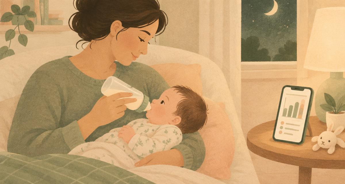 Una madre dando el biberón a su bebé de noche junto a un teléfono con un gráfico