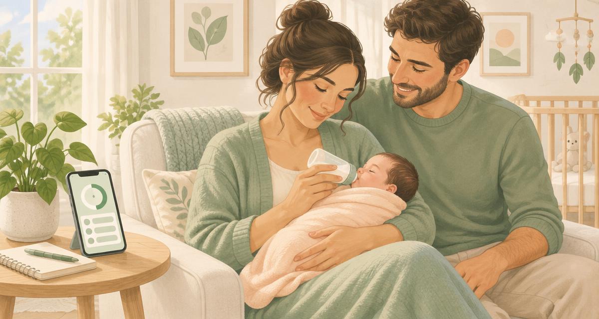 Unos padres alimentan a su recién nacido junto a un teléfono con un registro de cuidados y una libreta
