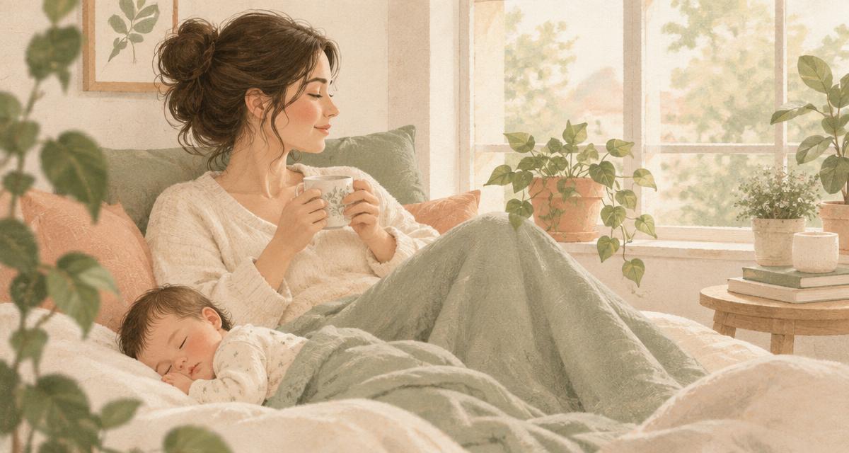 Una madre reciente descansando con una taza de té junto a una ventana soleada mientras su bebé duerme